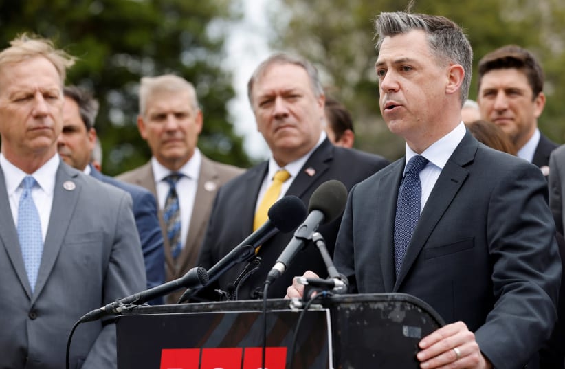 Republican Study Committee Chairman US Rep. Jim Banks (R-IN), joined by former Secretary of State Mike Pompeo, holds a news conference on the US posture towards Iran’s nuclear program, at the US Capitol in Washington, US April 21, 2021. (photo credit: REUTERS/JONATHAN ERNST)