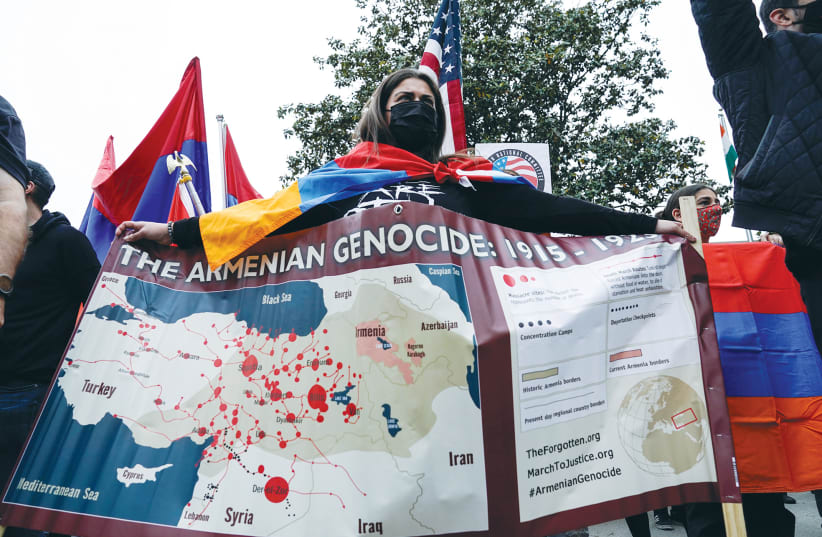 MEMBERS OF the Armenian diaspora rally in front of the Turkish Embassy after US President Joe Biden recognized that the 1915 massacres of Armenians in the Ottoman Empire constituted genocide, in Washington last week. (photo credit: JOSHUA ROBERTS / REUTERS)