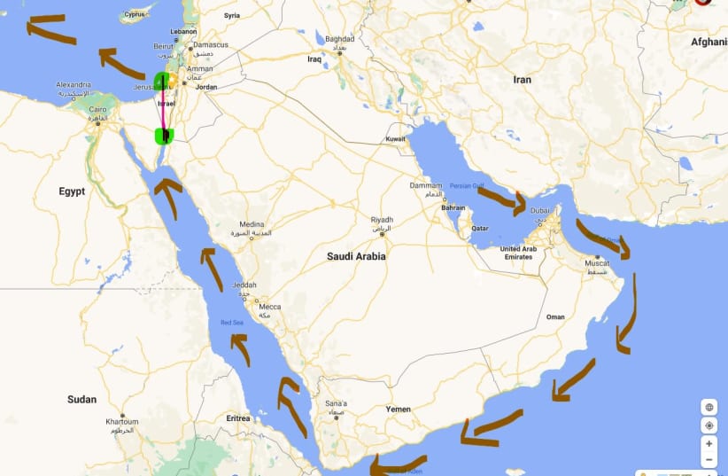 Map of the UAE oil transfer to Europe and Asia through Israel land-bridge. (photo credit: screenshot)