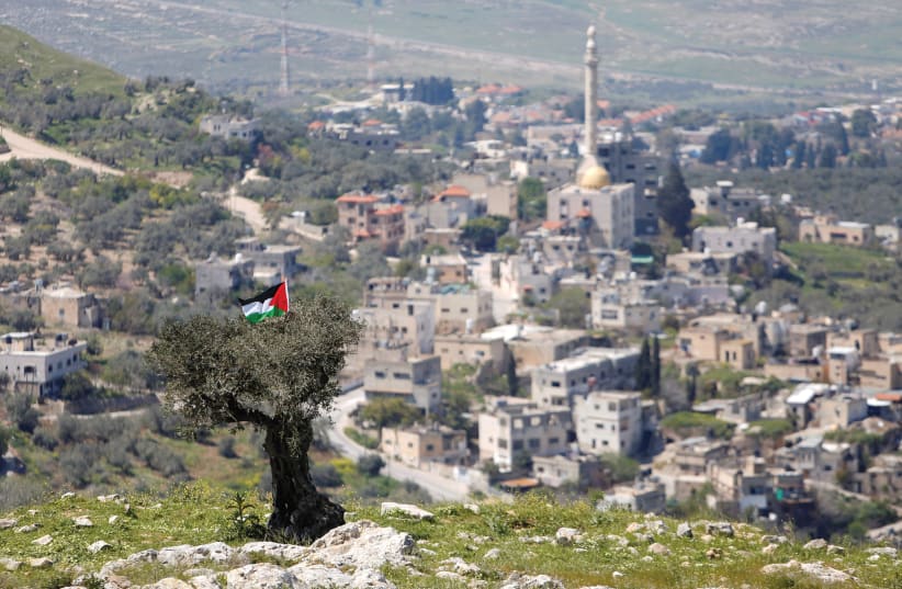 A PALESTINIAN flag hangs on a tree during a protest against settlements in An-Naqura near Nabulus. (photo credit: RANEEN SAWAFTA/ REUTERS)