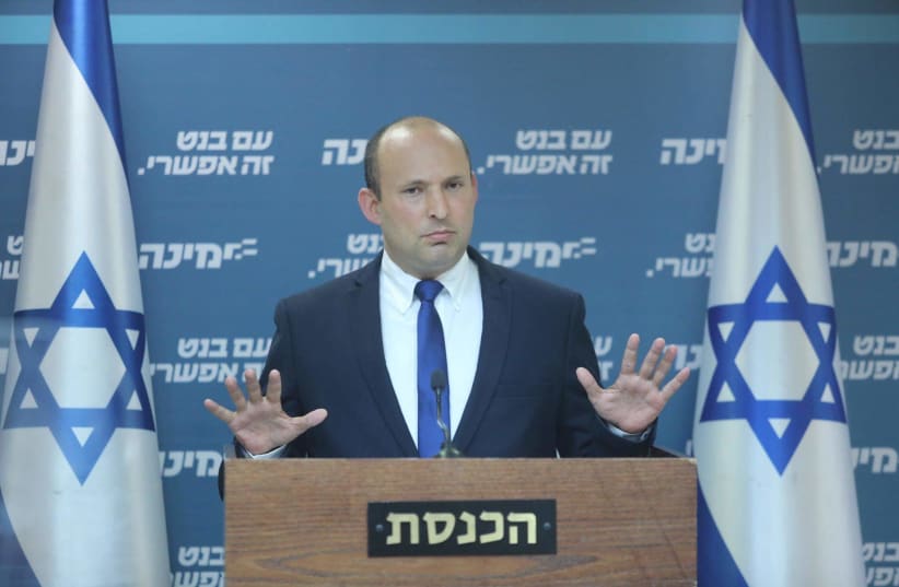 Yamina chairman Naftali Bennett speaks to the party faction at the Knesset, May 3, 2021 (photo credit: MARC ISRAEL SELLEM/THE JERUSALEM POST)