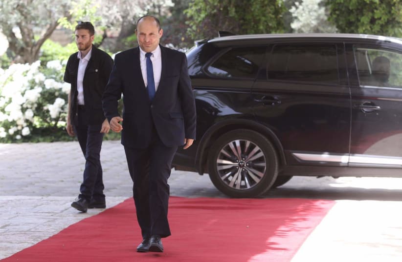 Yamina chairman Naftali Bennett arrives at the President's Residence, May 5, 2021. (photo credit: MARC ISRAEL SELLEM/THE JERUSALEM POST)