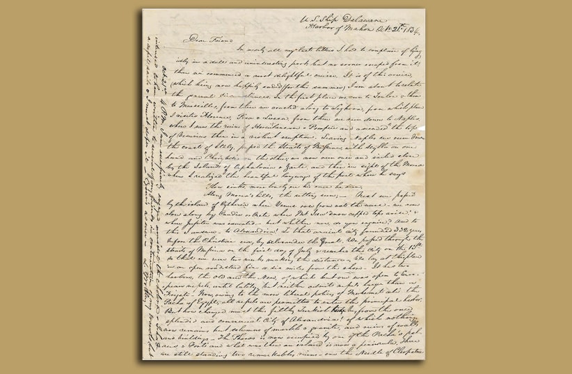 The first page of a newly discovered letter written by a passenger of the USS Delaware in 1834, following one of the first American voyages to Palestine. (photo credit: KEDEM AUCTION HOUSE)