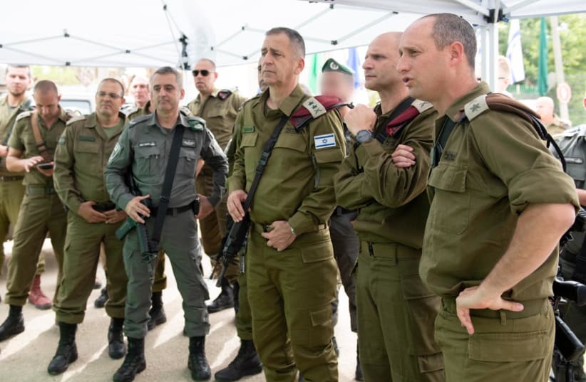 IDF Chief of Staff Lt.-Gen. Aviv Kohavi holds a  situational assessment at the Salem base in the Menashe Regional Brigade,  attended by the OC Central Command Maj.-Gen. Tamir Yadai, Coordinator of Government Activities in the Territories Maj.-Gen. Rassan Aliyan, Commander of the Judea and Samaria Di (photo credit: IDF SPOKESMAN’S UNIT)