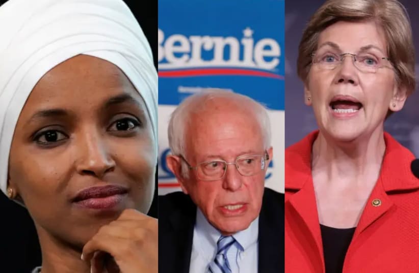 Ilhan Omar, Bernie Sanders and Elizabeth Warren (photo credit: CANVA.COM)