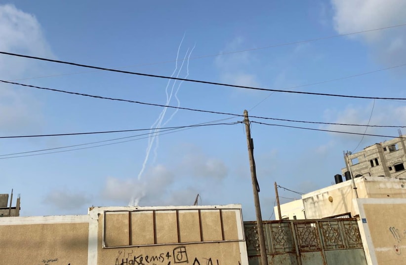 Rockets are launched into Israel amid Jerusalem's tension, in Gaza May 10, 2021 (photo credit: REUTERS/SUHAIB SALEM)
