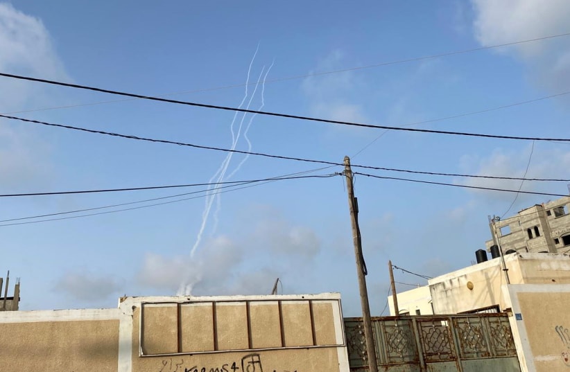 Hamas launches rockets at Israel from the Gaza Strip amid violence in Jerusalem on May 10, 2021 (photo credit: SUHAIB SALEM / REUTERS)