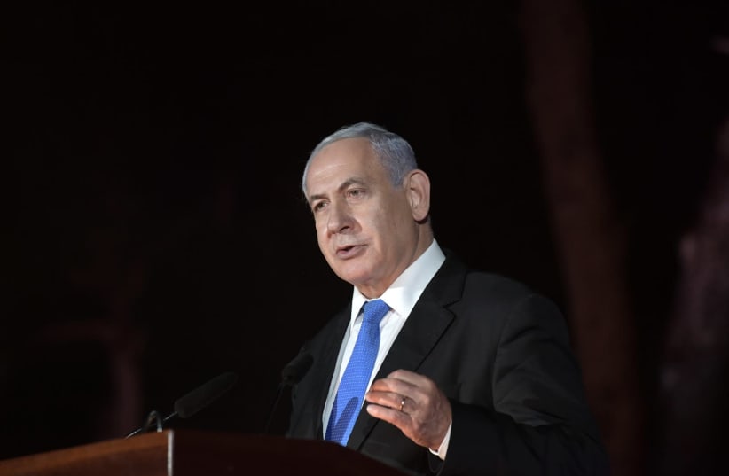 Prime Minister Benjamin Netanyahu speaks at a Jerusalem Day ceremony, Ammunition Hill, Jerusalem, May 10, 2021 (photo credit: KOBI GIDEON/FLASH90)