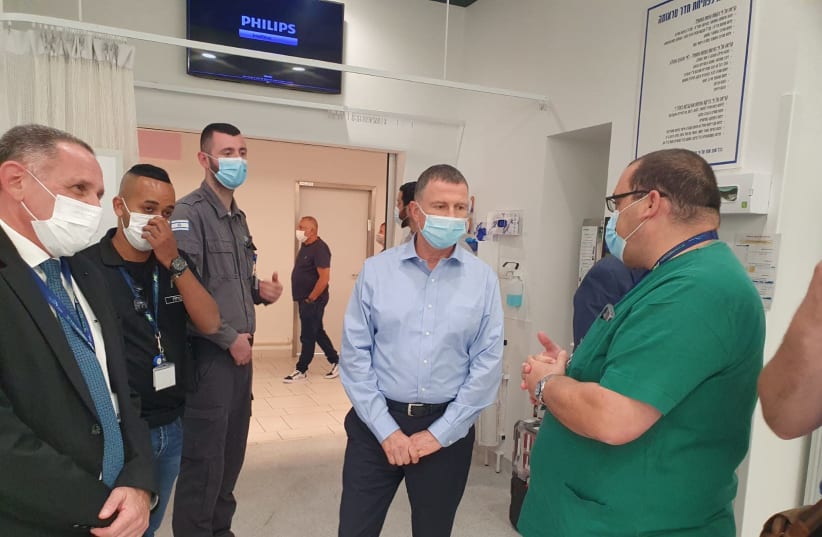 Health Minister Yuli Edelstein is seen visiting Assuta in Ashdod amid rocket fire launched towards the city from Gaza. (photo credit: ASSUTA SPOKESPERSON)