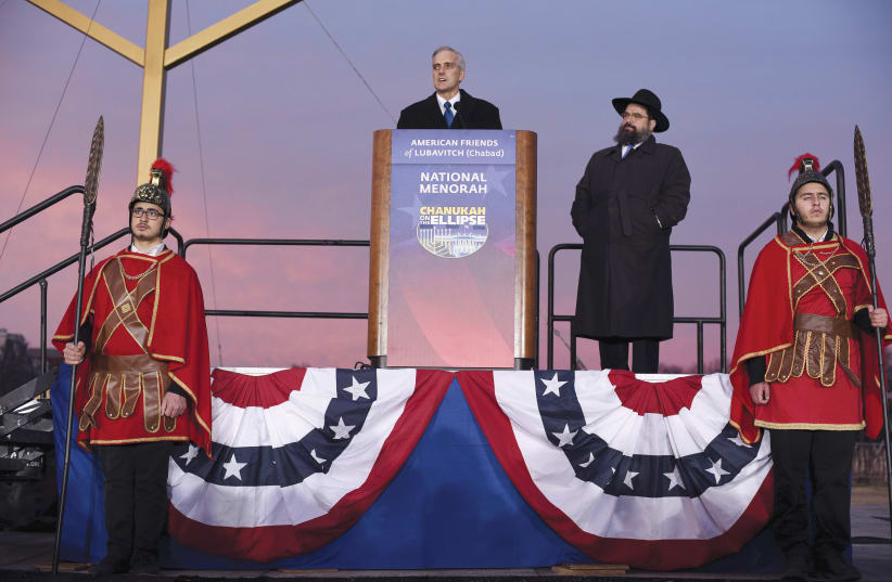 WHITE HOUSE chief of staff Denis McDonough speaks at the US National Hanukkah Menorah lighting ceremony in Washington, 2015. (photo credit: REUTERS)
