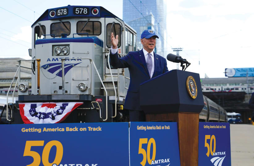 US President Joe Biden speaks at an event marking Amtrak’s 50th Anniversary at the 30th Street Station in Philadelphia on April 30 (photo credit: REUTERS/ERIN SCOTT)