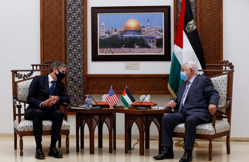 US Secretary of State Antony Blinken meets with Palestinian President Mahmoud Abbas, in West Bank city of Ramallah, May 25, 2021. (photo credit: ALEX BRANDON/POOL VIA REUTERS)
