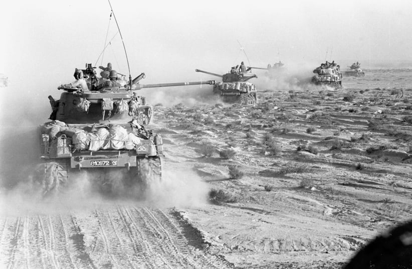 IDF 14TH Brigade tanks advance on the Crimson Axis in the Sinai Desert (photo credit: Wikimedia Commons)