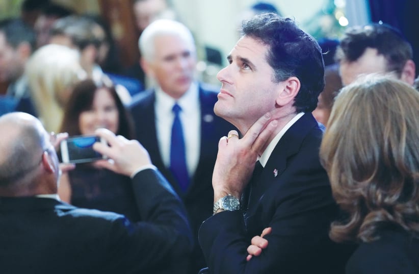 THEN-ISRAEL’S AMBASSADOR to the US Ron Dermer attends a Hanukkah reception at the White House in 2018.  (photo credit: JONATHAN ERNST / REUTERS)