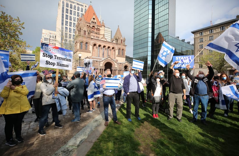 A rally in support of Israel in Boston's historic Copley Square organized by the Israeli American Council, May 12, 2021. The IAC was part of a coordinated push opposing legislation in neighboring Cambridge to end city contracts with businesses that work in Israel.  (photo credit: COURTESY OF IAC BOSTON)