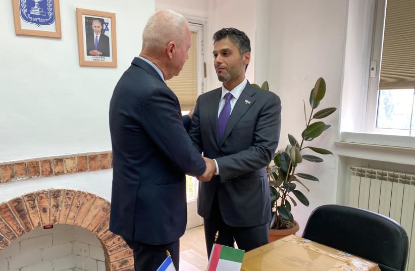 Education Minister Yoav Gallant and UAE Ambassador to Israel Mohammed Mahmoud Al-Khaja meet in Jerusalem and agree on promoting educational programs between the countries, Sunday, May 30, 2021. (photo credit: EDUCATION MINISTRY)