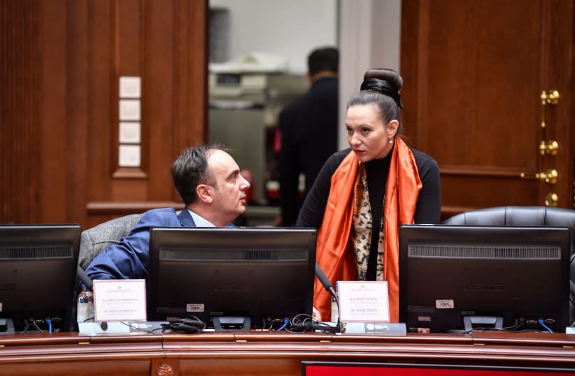 Rashela Mizrahi speaks to a colleague during a cabinet meeting in Skopje, North Macedonia, Jan. 14, 2020 (photo credit: COURTESY OF THE PARLIAMENT OF NORTH MACEDONIA)