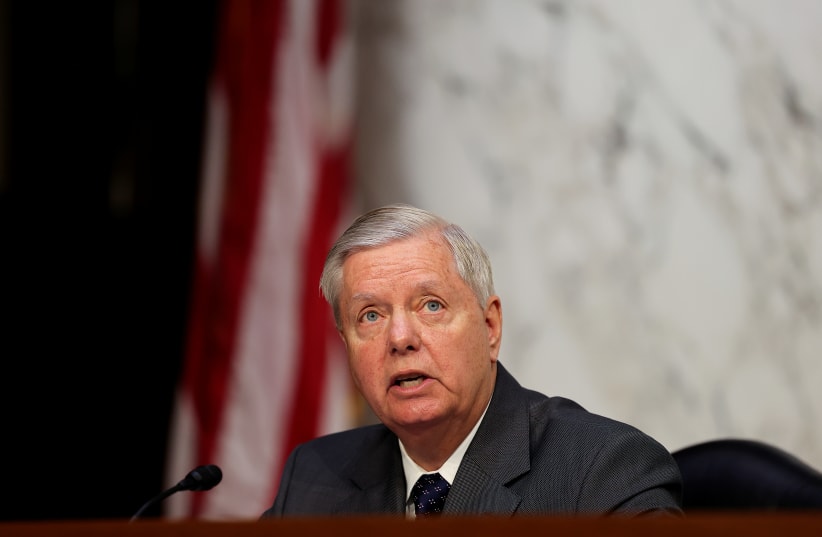 US Senator Lindsey Graham (R-SC) attends a Senate Judiciary Committee hearing on voting rights on Capitol Hill in Washington, US, April 20, 2021.  (photo credit: EVELYN HOCKSTEIN/POOL/REUTERS)