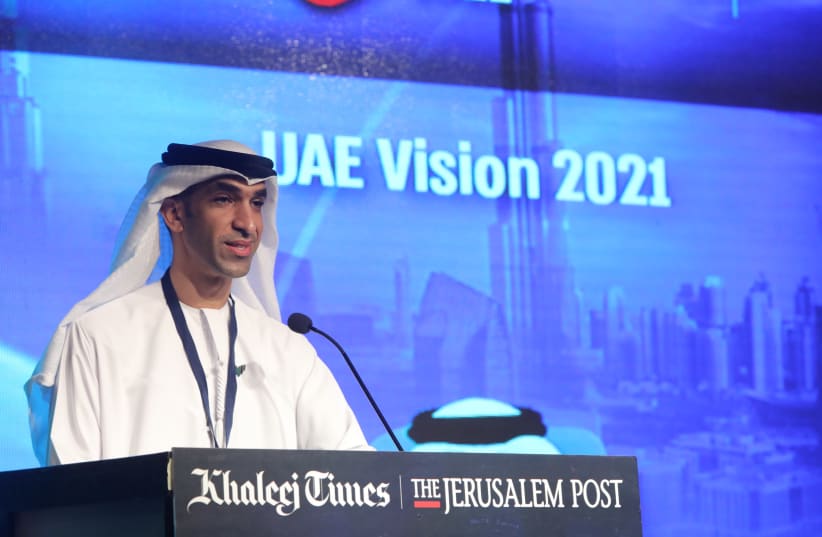 UAE Minister of State for Foreign Trade Dr. Thani bin Ahmed Al Zeyoudi addresses The Jerusalem Post-Khaleej Times Global Investment Forum, June 2, 2021 (photo credit: MARC ISRAEL SELLEM/THE JERUSALEM POST)
