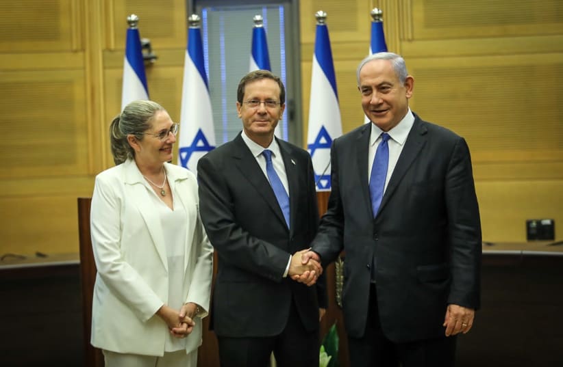 President-elect Isaac Herzog and his wife Michal with Prime Minister Benjamin Netanyahu. (photo credit: NOAM MOSKOVITZ/KNESSET)