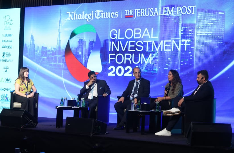 The Global Investment Forum "New Media in a New World" panel with Regev Gur, Natalie Milstein, Tomer Shani, Avi Bhojani, and Lahav Harkov  (photo credit: MARC ISRAEL SELLEM/THE JERUSALEM POST)