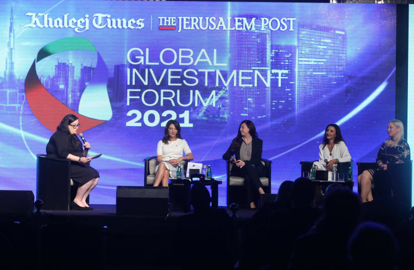 Global Investment Forum Women's Panel: Marcy Grossman, Fleur Hassan-Nahoum, Houda Nonoo, Ruth Wasserman-Lande, and Arielle Steinreich. (photo credit: MARC ISRAEL SELLEM/THE JERUSALEM POST)