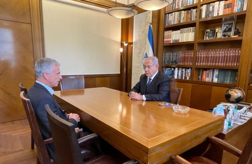 Prime Minister Benjamin Netanyahu is seen meeting with new Mossad chief David Barnea, on June 3, 2021. (photo credit: Courtesy)