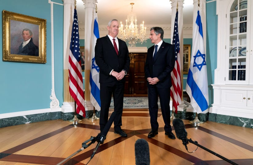 US Secretary of State Antony Blinken meets with Israel's Defense Minister Benny Gantz, at the State Department in Washington, US, June 3, 2021. (photo credit: JACQUELYN MARTIN / POOL / REUTERS)