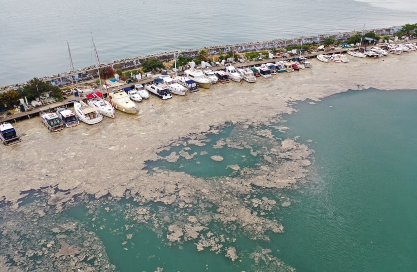 An aerial view shows a thick layer of "sea snot," consisting of a wide variety of microorganisms, that covers the sea near the coast in the Bostanci harbor in Istanbul, Turkey May 31, 2021. Picture taken with a drone May 31, 2021.  (photo credit: MEHMET CALISKAN/REUTERS)