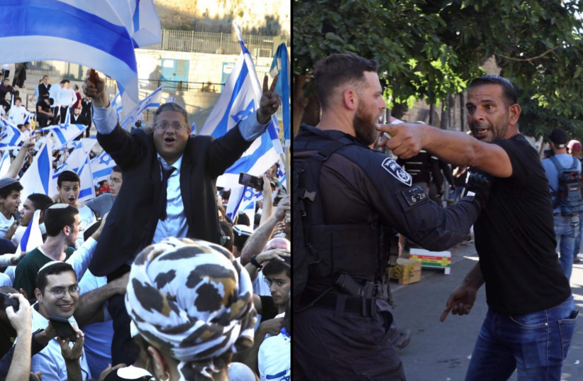 Palestinians clashed with Israeli forces in Jerusalem, as Jewish groups conducted a flag march through the Old City (photo credit: MARC ISRAEL SELLEM)