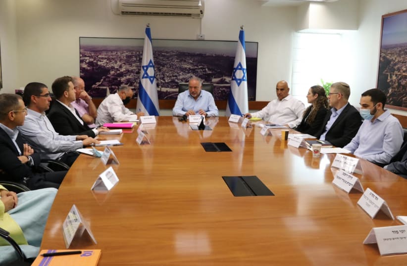Finance Minister Avigdor Liberman met with department officials to discuss Israel's accession to  the OECD Digital Economy Taxation Outline, June 22, 2021. (photo credit: SPOKESPERSON OF THE FINANCE MINISTER)
