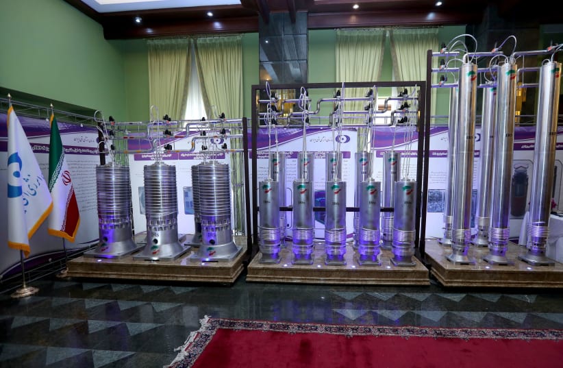 A number of new generation Iranian centrifuges are seen on display during Iran's National Nuclear Energy Day in Tehran (photo credit: IRANIAN PRESIDENCY OFFICE/WANA (WEST ASIA NEWS AGENCY)/HANDOUT VIA REUTERS)