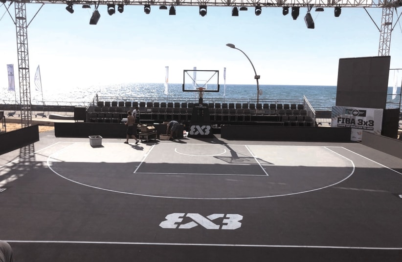THE TEL AVIV PORT created a sea-side basketball court for this weekend’s FIBA 3x3 Europe Cup qualifying tournament (photo credit: ELAD MINTZ)