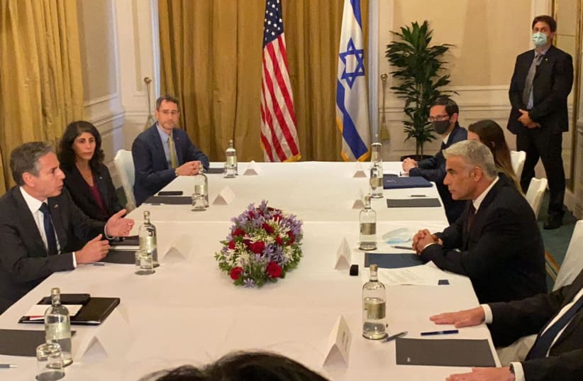 Foreign Minister Yair Lapid meets US Secretary of State Antony Blinken in Rome on Sunday. (photo credit: STEFANO MELONI AND ISRAELI EMBASSY IN ROME)