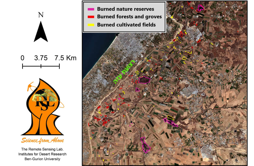 A satellite image from May 2021 of burned lands in the Gaza Envelope (photo credit: BEN GURION UNIVERSITY OF THE NEGEV)