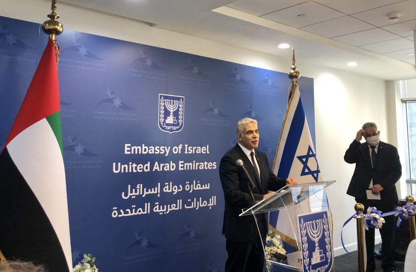 Foreign Minister Yair Lapid inaugurating the Israeli Embassy in Abu Dhabi, June 29, 2021.  (photo credit: Lahav Harkov)
