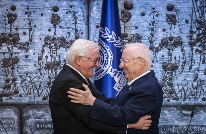 German President Frank-Walter Steinmeier meets with President Reuven Rivlin at the President's Residence in Jerusalem on July 01, 2021. (photo credit: OLIVIER FITOUSSI/FLASH90)