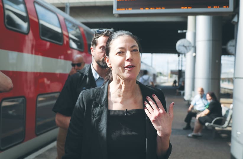 Transportation Minister Merav Michaeli visits a station in Tel Aviv on June 16, launching a heated debate about the temperature of the air-conditioning in train carriages. (photo credit: YOSSI ZAMIR/FLASH90)