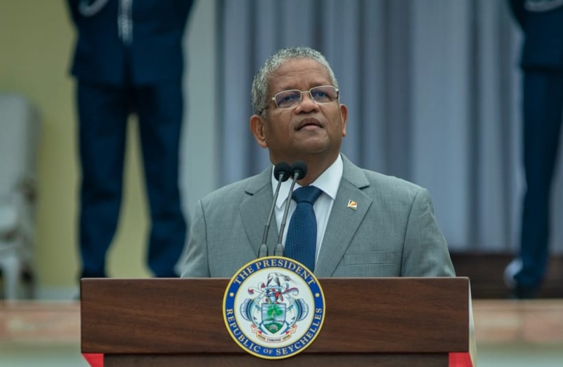 Seychelles President Wavel Ramkalawan speaks at on National Day at State House, Victoria, Mahé, Seychelles, June 29, 2021. (photo credit: STATE HOUSE)