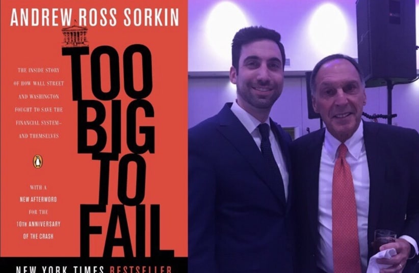 The cover of ‘Too Big to Fail and The writer with Richard Fuld Jr., former CEO of Lehman Brothers. (photo credit: Courtesy)
