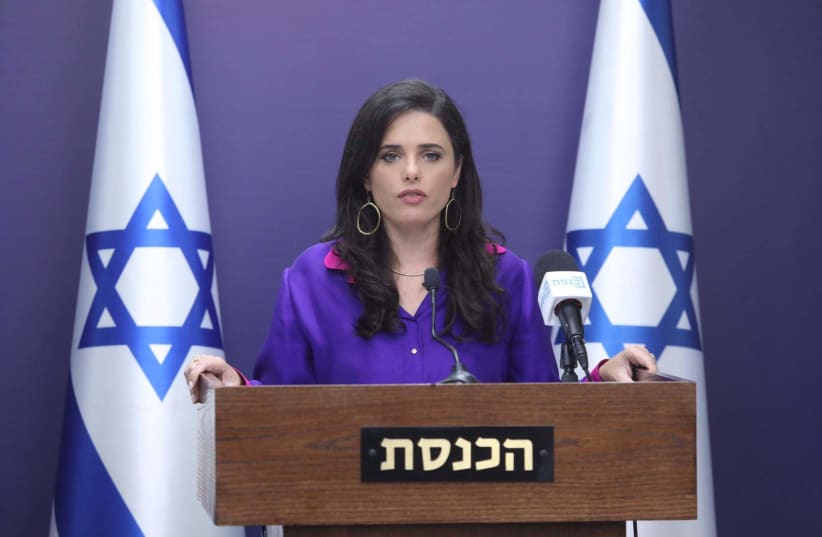 Interior Minister Ayelet Shaked is seen speaking at the Knesset, on July 5, 2021. (photo credit: MARC ISRAEL SELLEM/THE JERUSALEM POST)