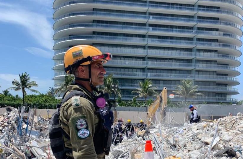 Col. Golan Vach, commander of the IDF Home Front Command’s National Search and Rescue Unit, at the Surfside disaster site. (photo credit: IDF HOME FRONT COMMAND)