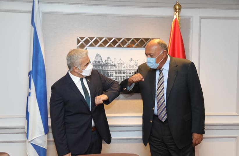 Yair Lapid and the Egyptian foreign minister meeting for the first time. (photo credit: GABI FARKASH)