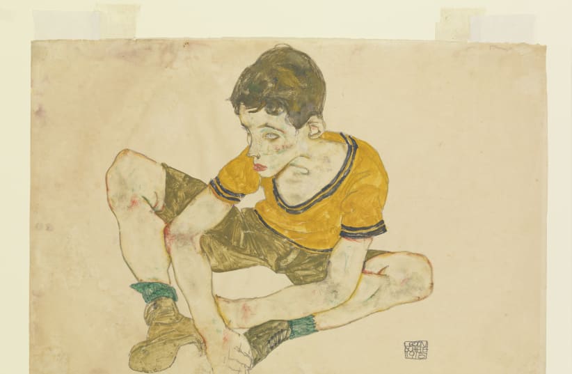Egon Schiele, Austrian, 1890–1918. Cowering Boy (Paul Erdmann?), 1915. Tempera and graphite on paper Photo ©️ The Israel Museum, Jerusalem, by Elie Posner. (photo credit: ISRAEL MUSEUM)