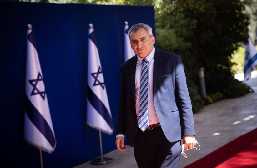 Construction and Housing Minister Ze'ev Elkin arrives to the President's Residence in Jerusalem, for a group photo of the newly sworn in Israeli government, June 14, 2021. (photo credit: YONATAN SINDEL/FLASH90)