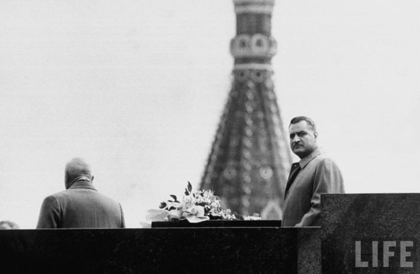 EGYPTIAN PRESIDENT Gamal Abdel Nasser (right) with Soviet premier Nikita Khrushchev, on his first visit to Moscow, 1958. (Zeinab Mohamed/Flickr) (photo credit: ZEINAB MOHAMED/FLICKR)