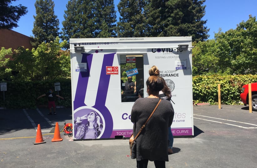 THE COVID testing booth in the Santa Rosa mall parking lot. (photo credit: BRIAN BLUM)