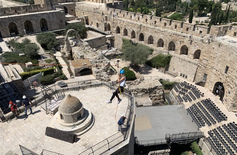 The new rope-climbing adventure attraction at the King David Museum in the Old City of Jerusalem, Israel. (photo credit: LAUREN MORGANBESSER)