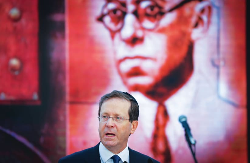 PRESIDENT ISAAC Herzog speaks at a memorial ceremony for Zionist leader Ze’ev Jabotinsky at Mount Herzl in Jerusalem last week. (photo credit: YONATAN SINDEL/FLASH90)