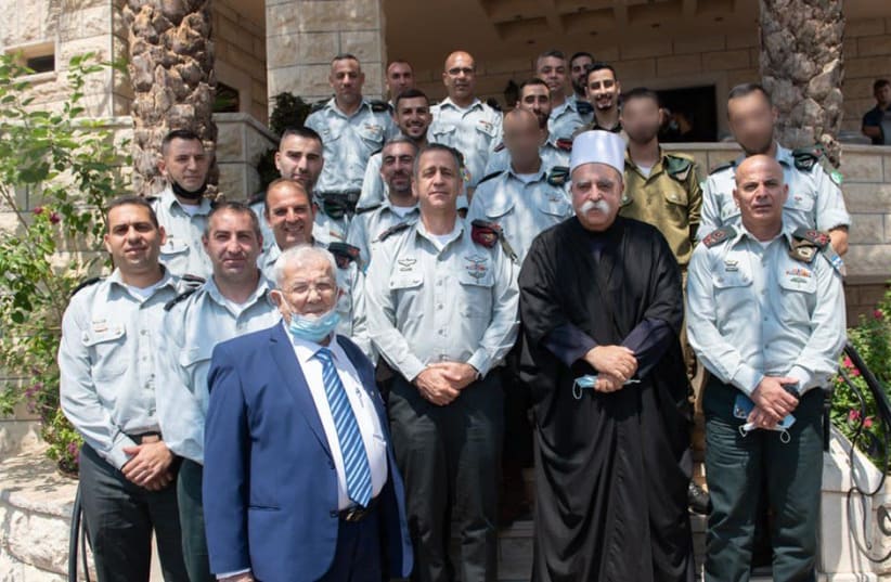 IDF Chief of Staff Aviv Kohavi poses with Druze leader Sheik Muafak Tarif during their meeting today (photo credit: IDF SPOKESMAN’S UNIT)